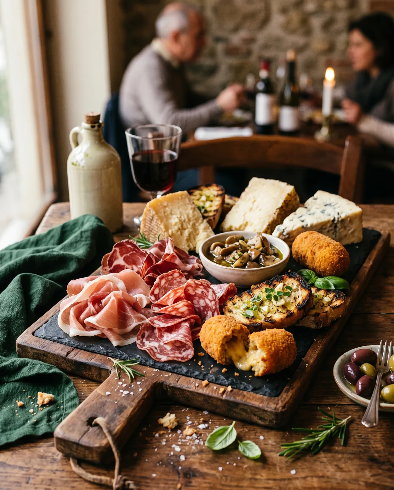 Antipasto di terra: salumi, formaggi del territorio, funghi sott'olio e supplì fritti su tagliere di ardesia