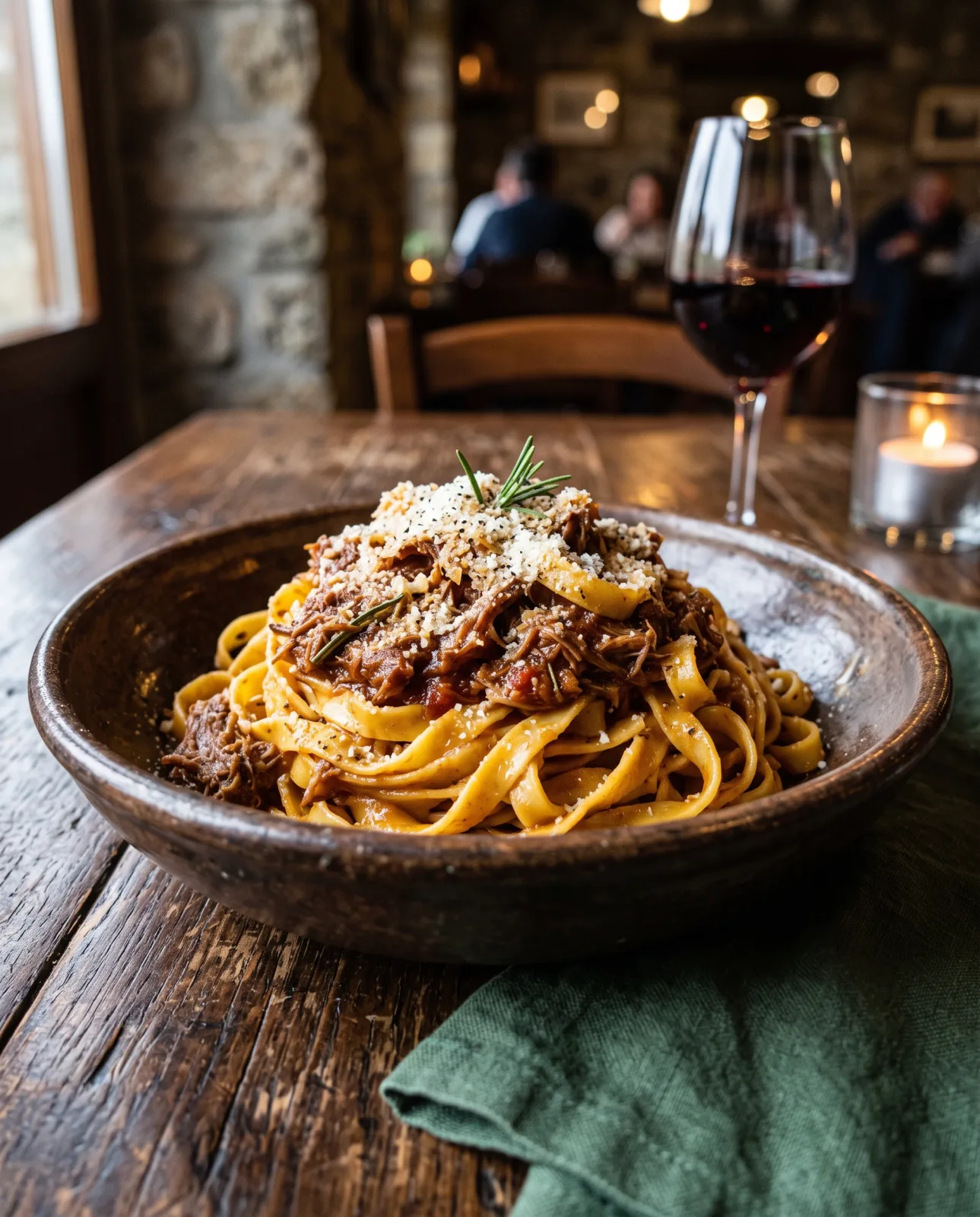 Fettuccine fatte in casa al ragù di cinghiale cotto lentamente, con pecorino e rosmarino