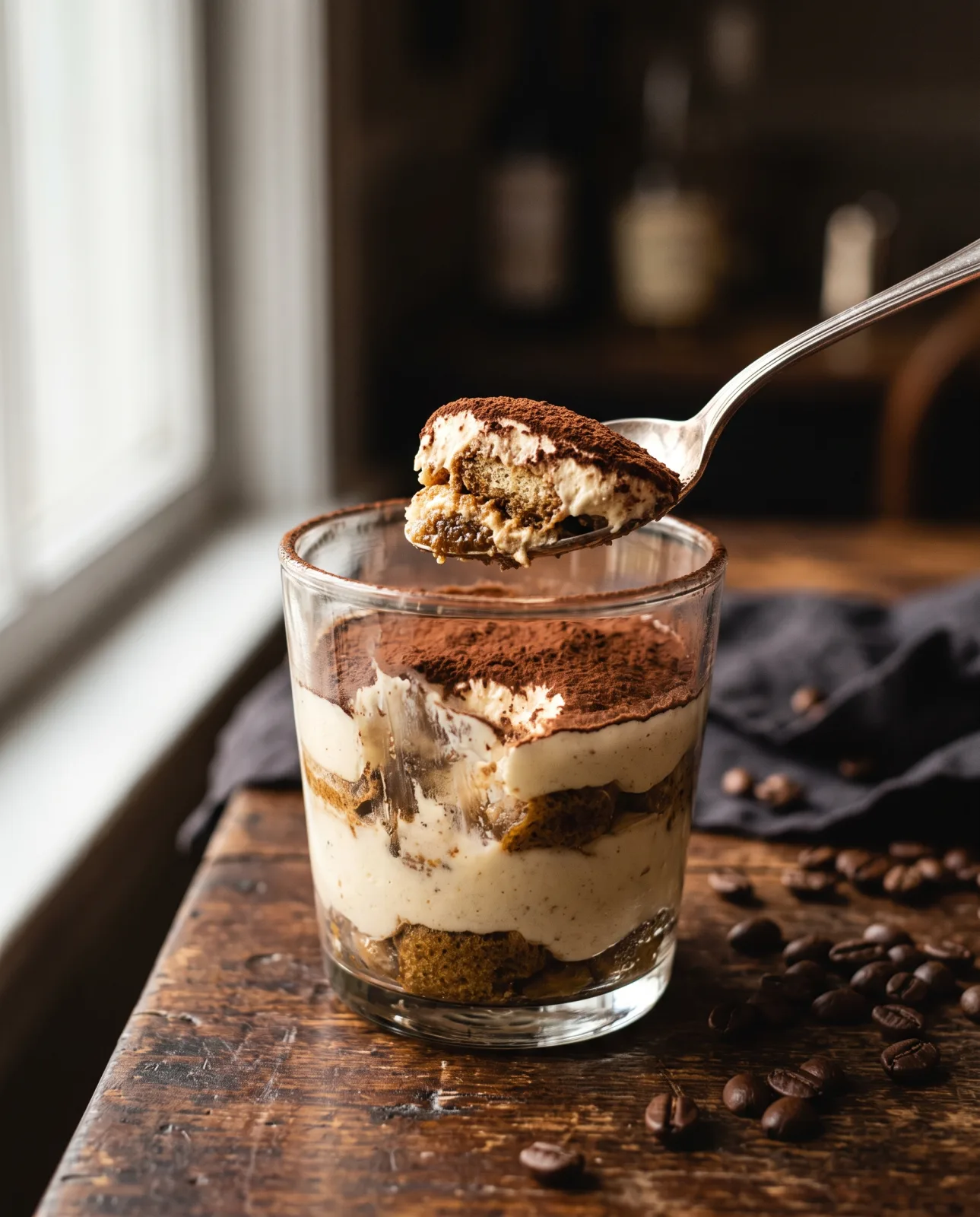 Tiramisù fatto in casa servito nel bicchiere, con cacao amaro e chicchi di caffè