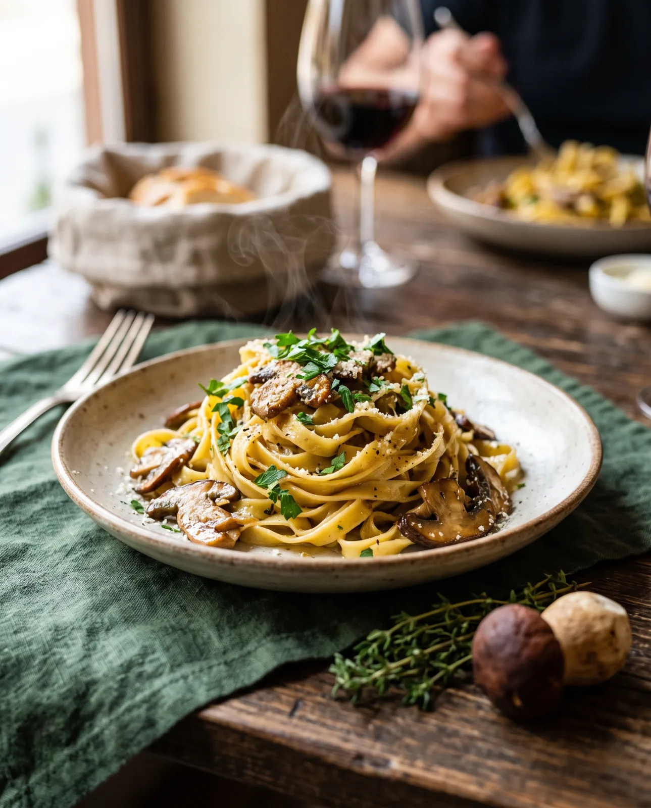 Fettuccine fatte in casa ai funghi porcini trifolati con prezzemolo e grana