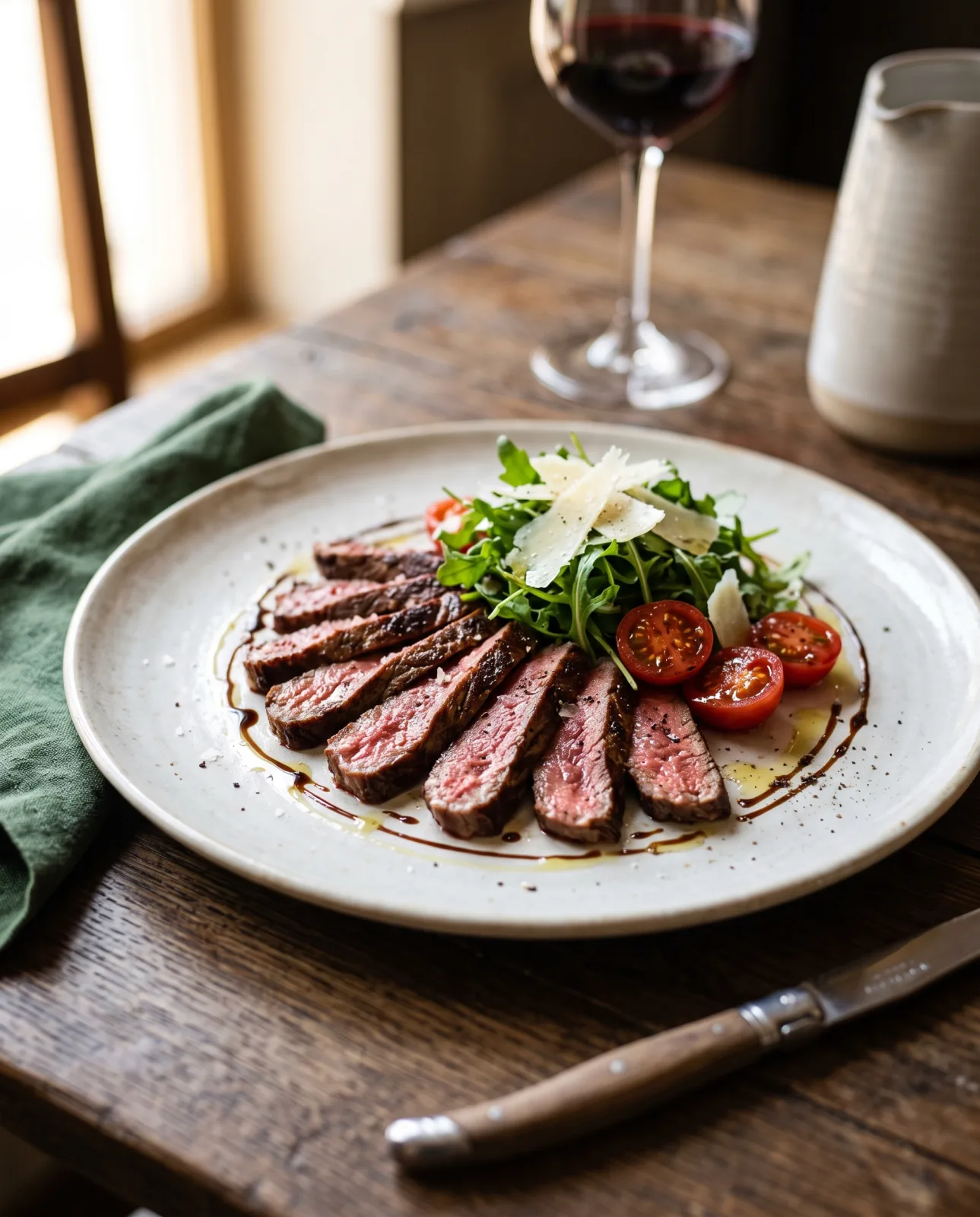 Tagliata di manzo al sangue con rucola, scaglie di grana e pomodorini pachino